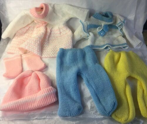 Lot 6 Vtg Baby Doll Clothes Hand-knit Pink Blue Dress Set Fits 11" To 13" Dolls