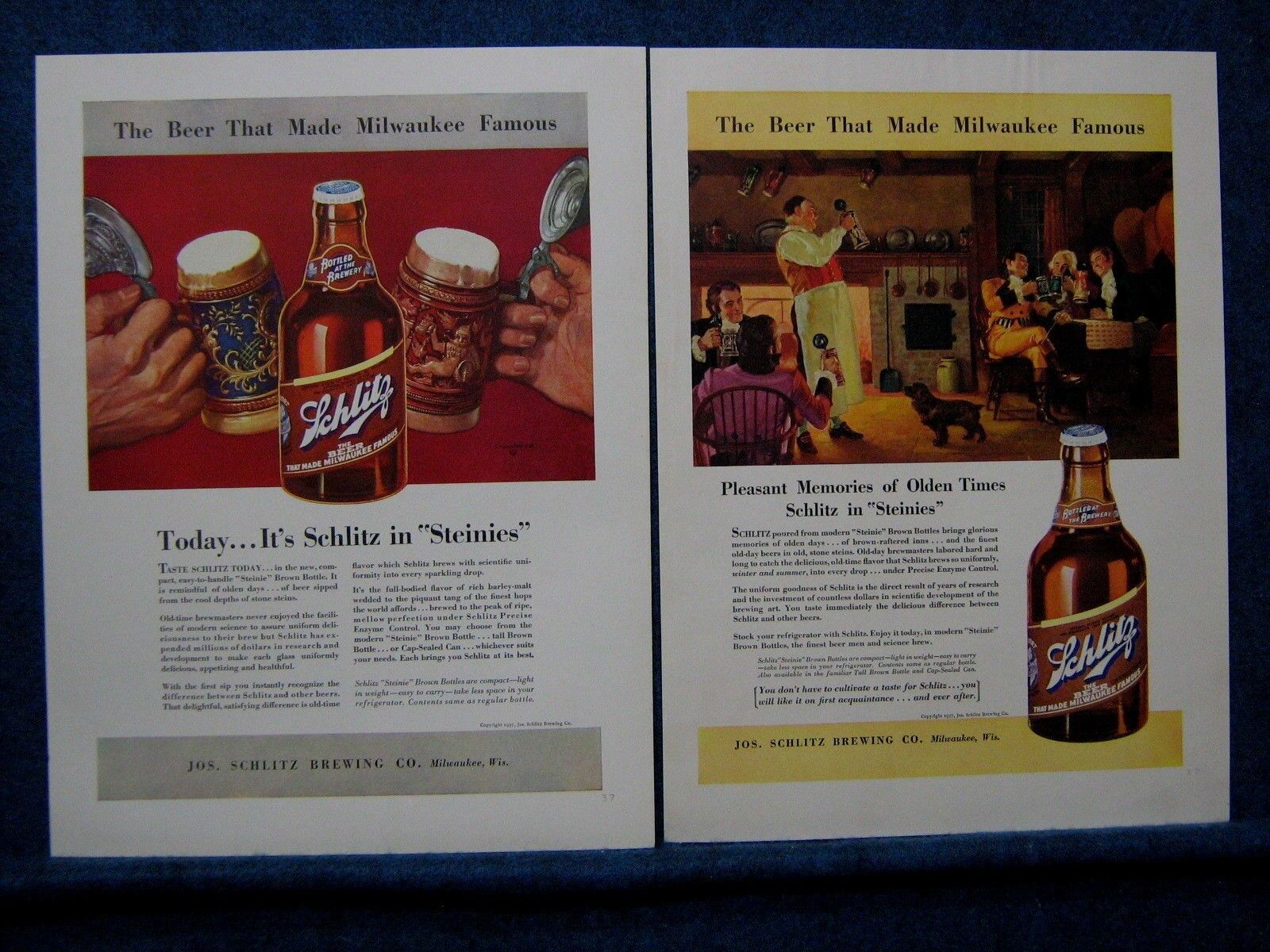 1937 Schlitz Beer - 2 Ads  Huge Beer Bottle & Steins And An Old Tavern Scene