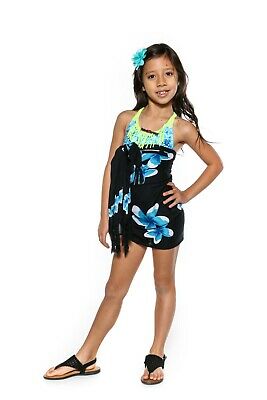 1 World Sarongs Swimsuit Cover-up Girls Plumeria Half Sarong In Turquoise/ Black
