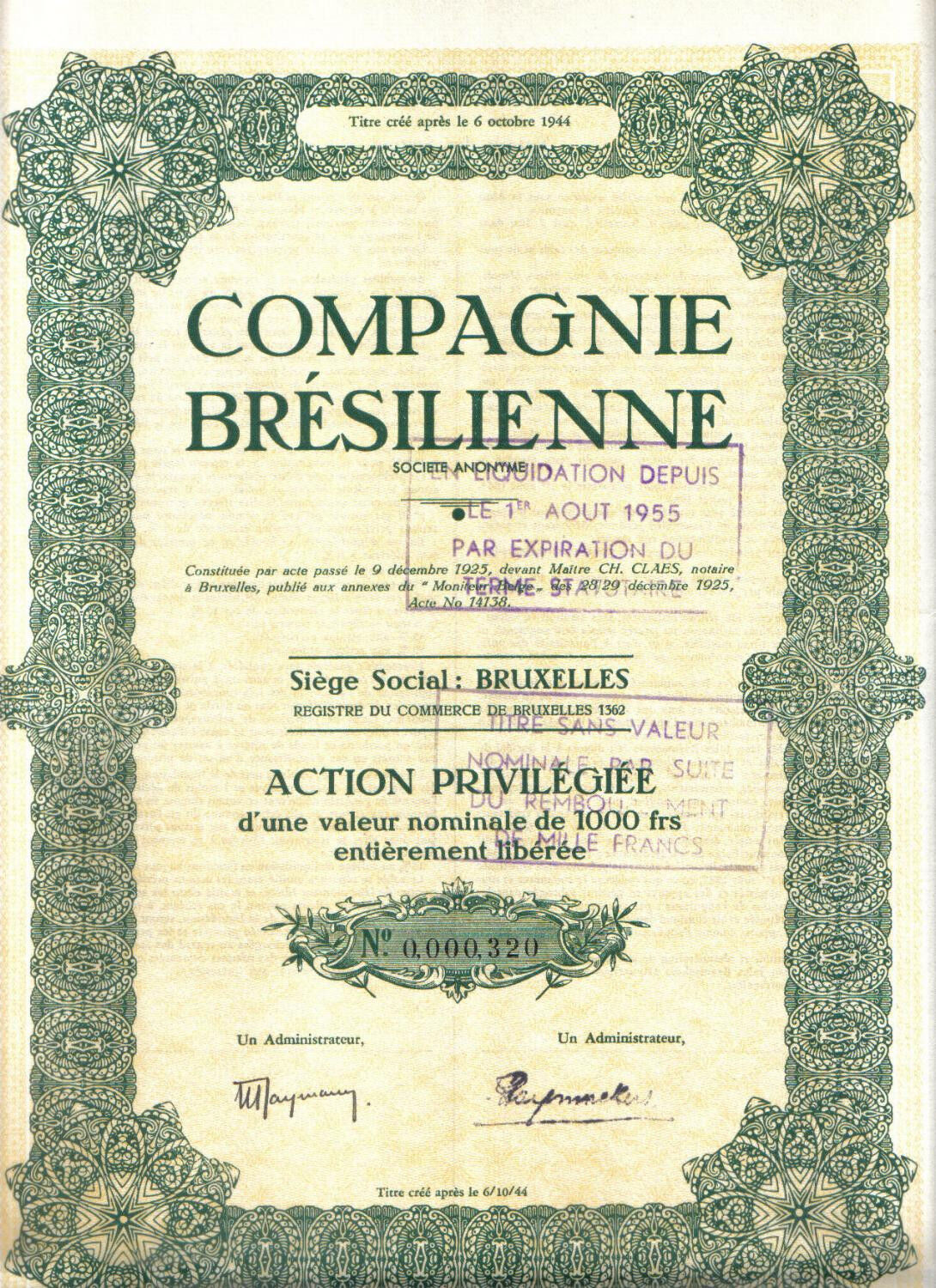 Brazil Belgium Bond 1925 Compagnie Bresilienne Trade Cafes 1000 Francs Coupons