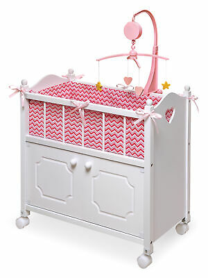 Cabinet Doll Crib With Chevron Bedding And Free Personalization Kit - White/pink
