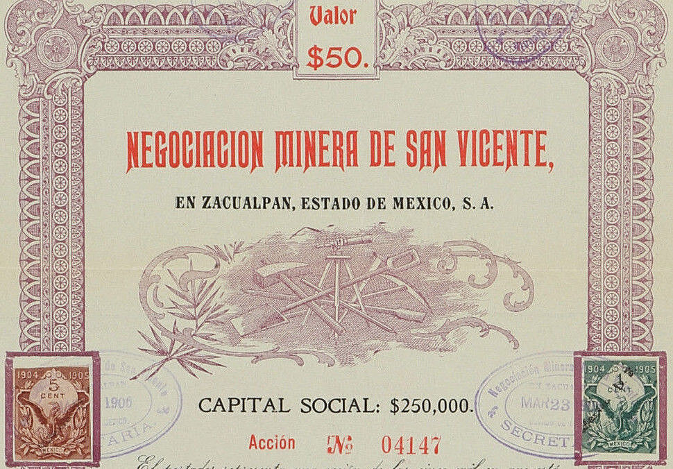 Mexico M/53 Negociacion Minera De San Vicente, Una Acción De $50 Pesos De 1905