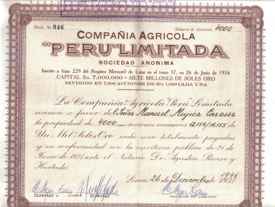 1948 Compania Agricola Peru Limitada 4000 Shares Wm Rare Manuel Mujica Carassa
