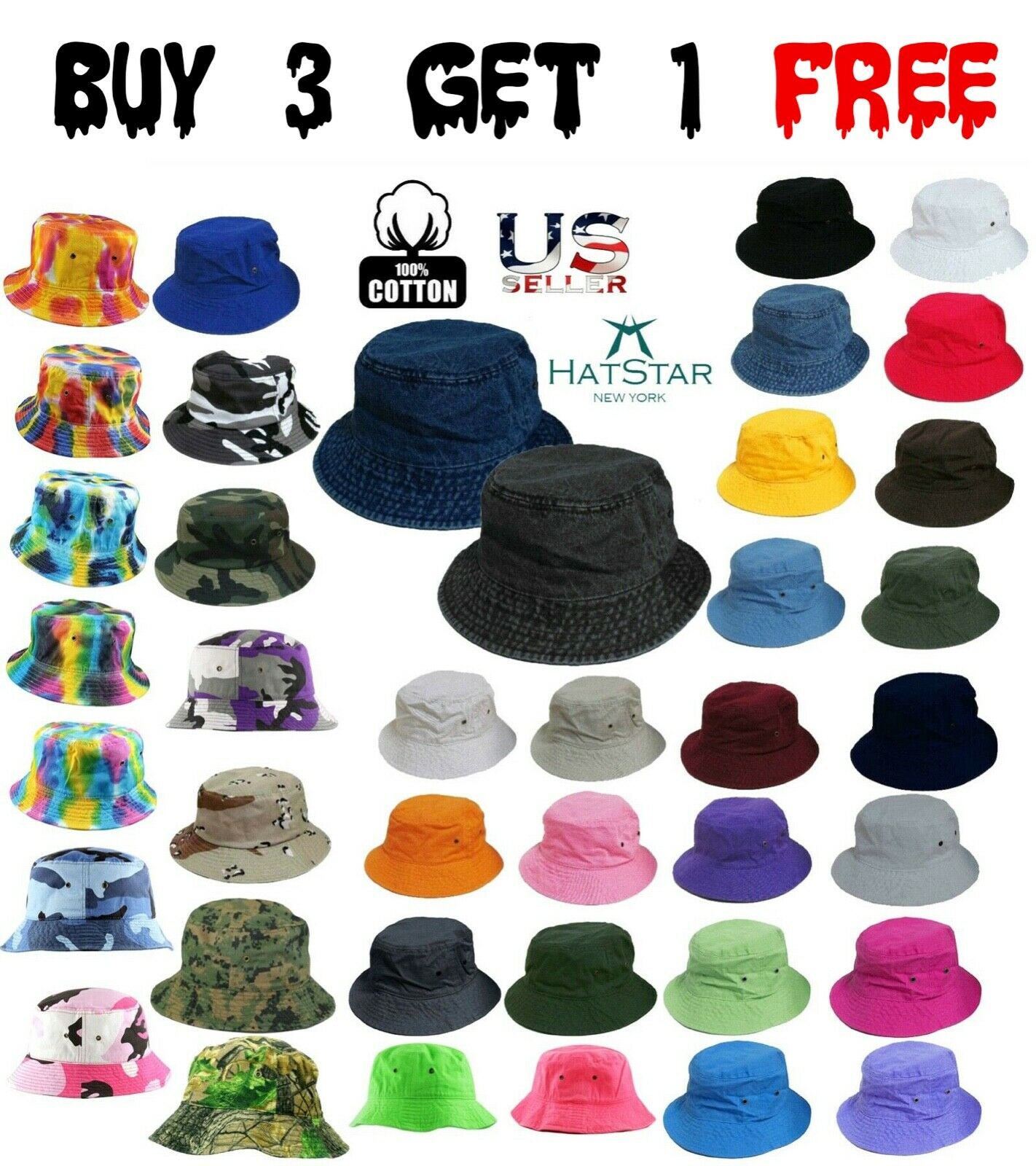 Bucket Hat Boonie Basic Hunting Fishing Outdoor Summer Cap Unisex 100% Cotton