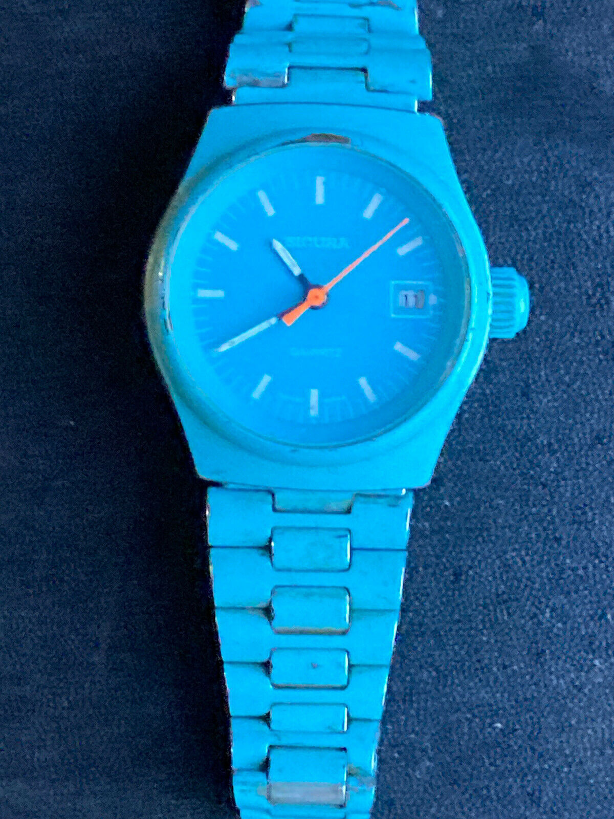 As Is Sicura Quartz Swiss Made Turquoise Metal Chronograph Watch Vtg Wow