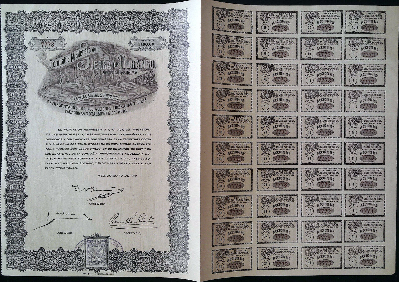 CompaÑÍa Maderera De La Sierra De Durango, Valor $100 1912