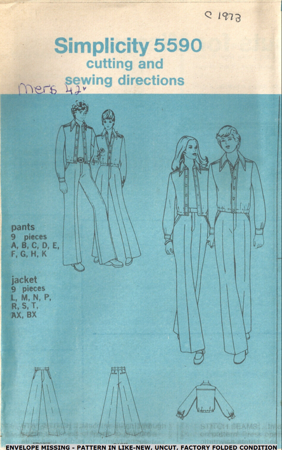 Simplicity 5590 Misses' Size 10 Unlined Jacket & Pants Pattern Vintage