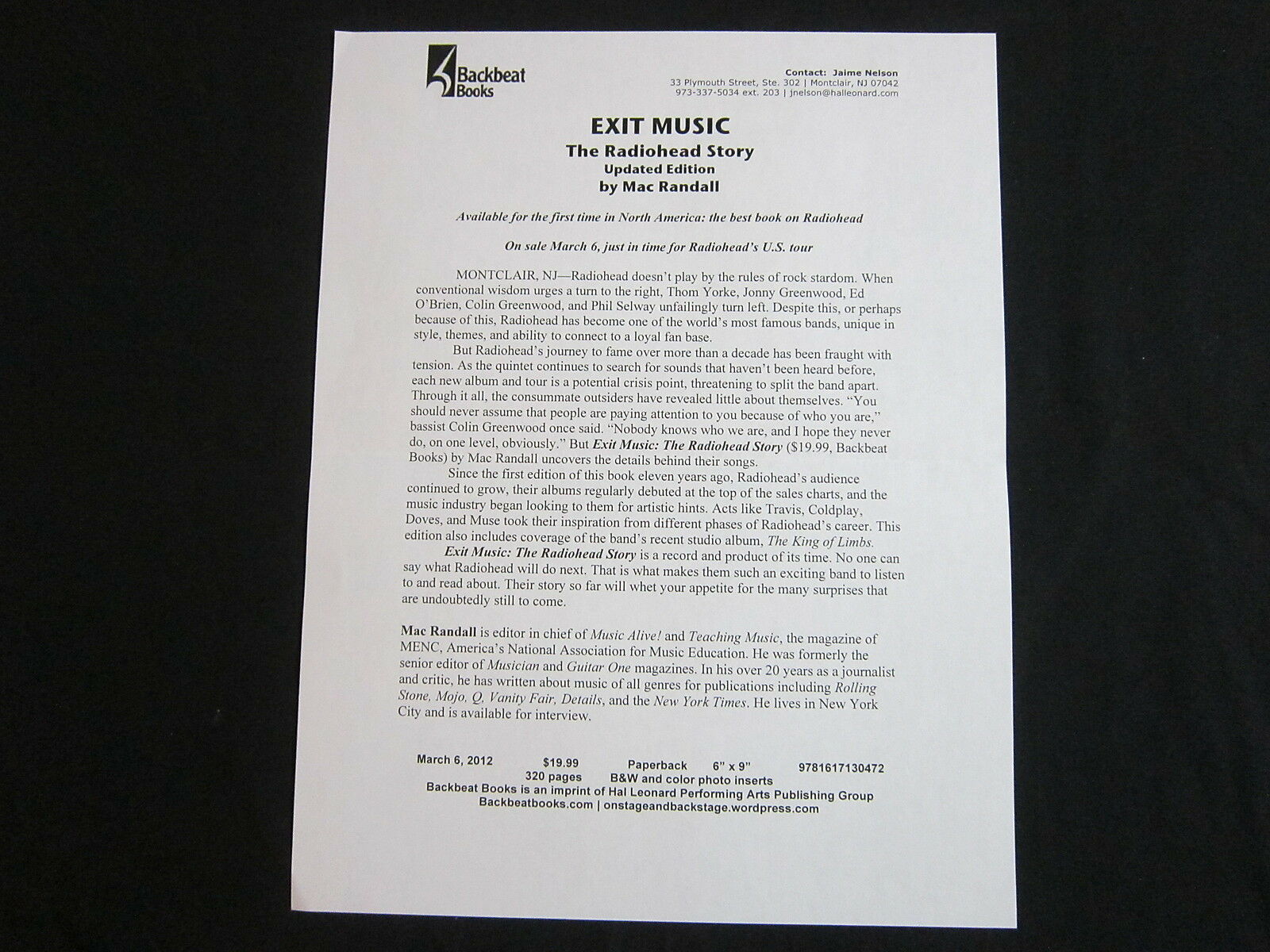 Radiohead ‘exit Music Book’ 2012 Press Release