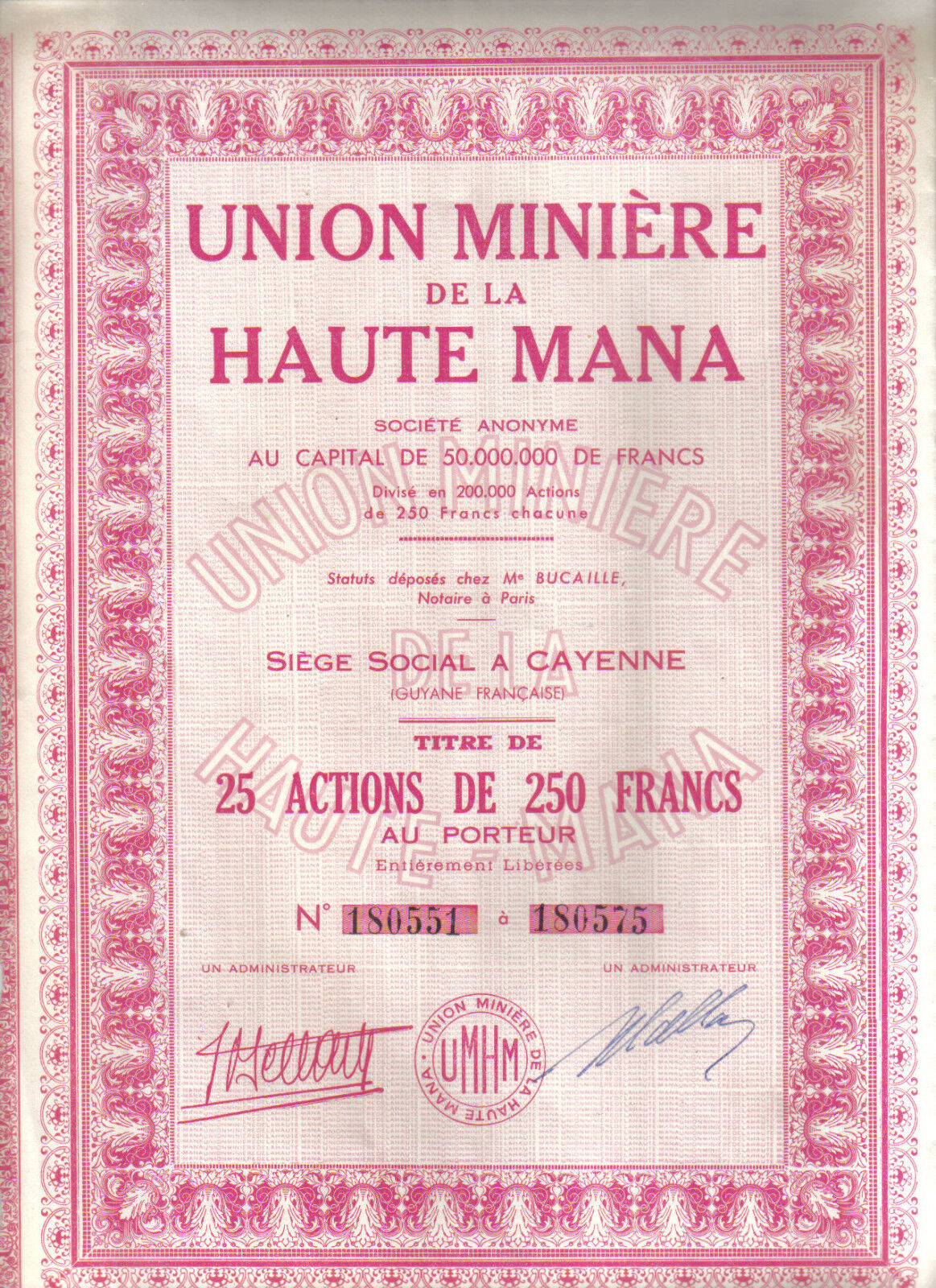 French Guiana France Union Mining Gold Haute Mana 25 Shares Uncancelled Coupons