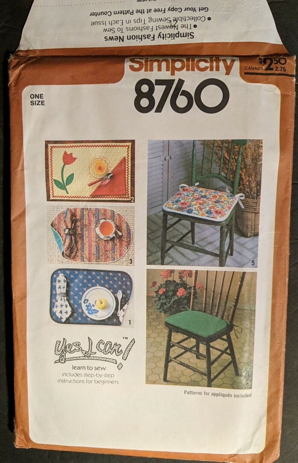 1978 Vintage Simplicity Pattern 8760  Kitchen Seat Cushions Placemat Napkins New