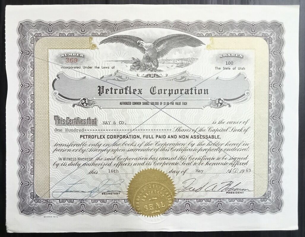 Aop Usa 1963 Petorflex Corporation 100 Shares Certificate