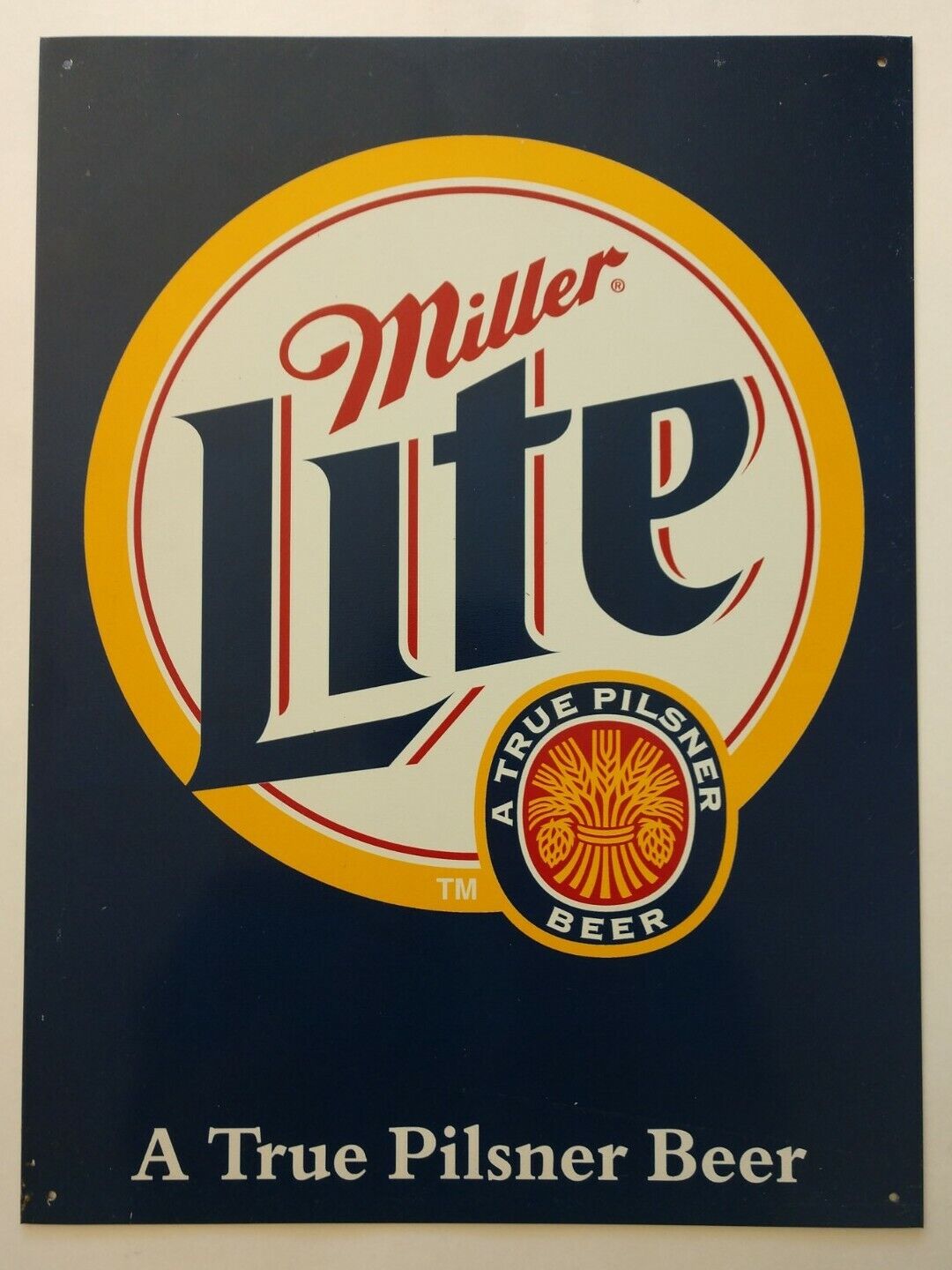 Vtg Miller Lite Pilsner Beer Logo Sign Ad Blue Metal Tin Wall Decor Bar Man Cave