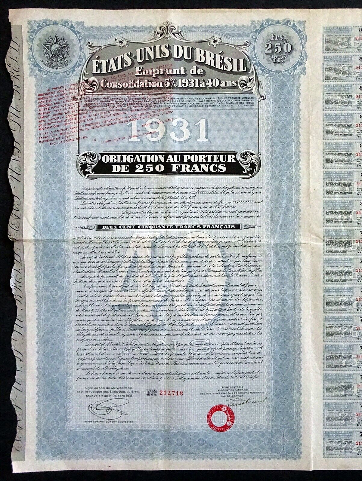1931 United States Of Brazil: Etats-unis Du Bresil, Bearer Bond, 250 Francs