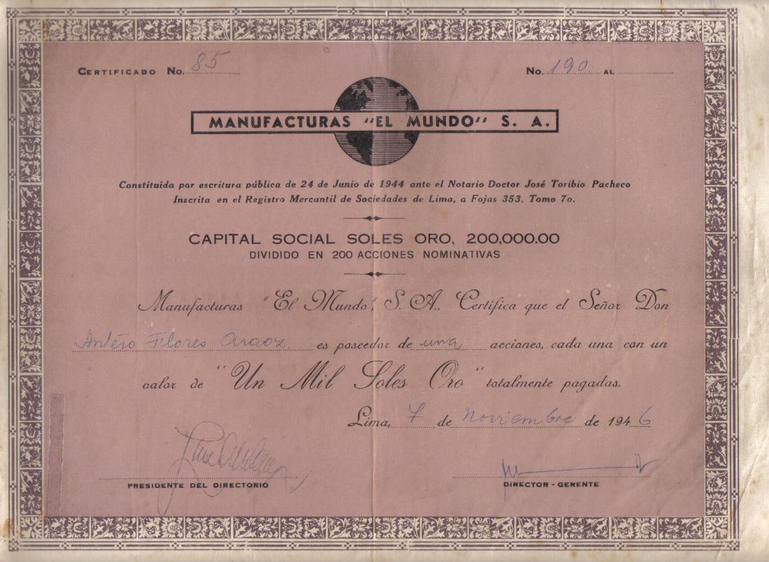 Peru 1946 Manufacturing Manufacturas El Mundo 1000 Soles Uncancelled Issued 200