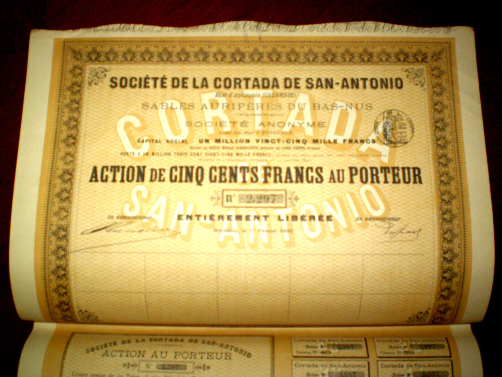 Colombia, Société De La Cortada De San Antonio 500 Fr. Share Certificate 1890