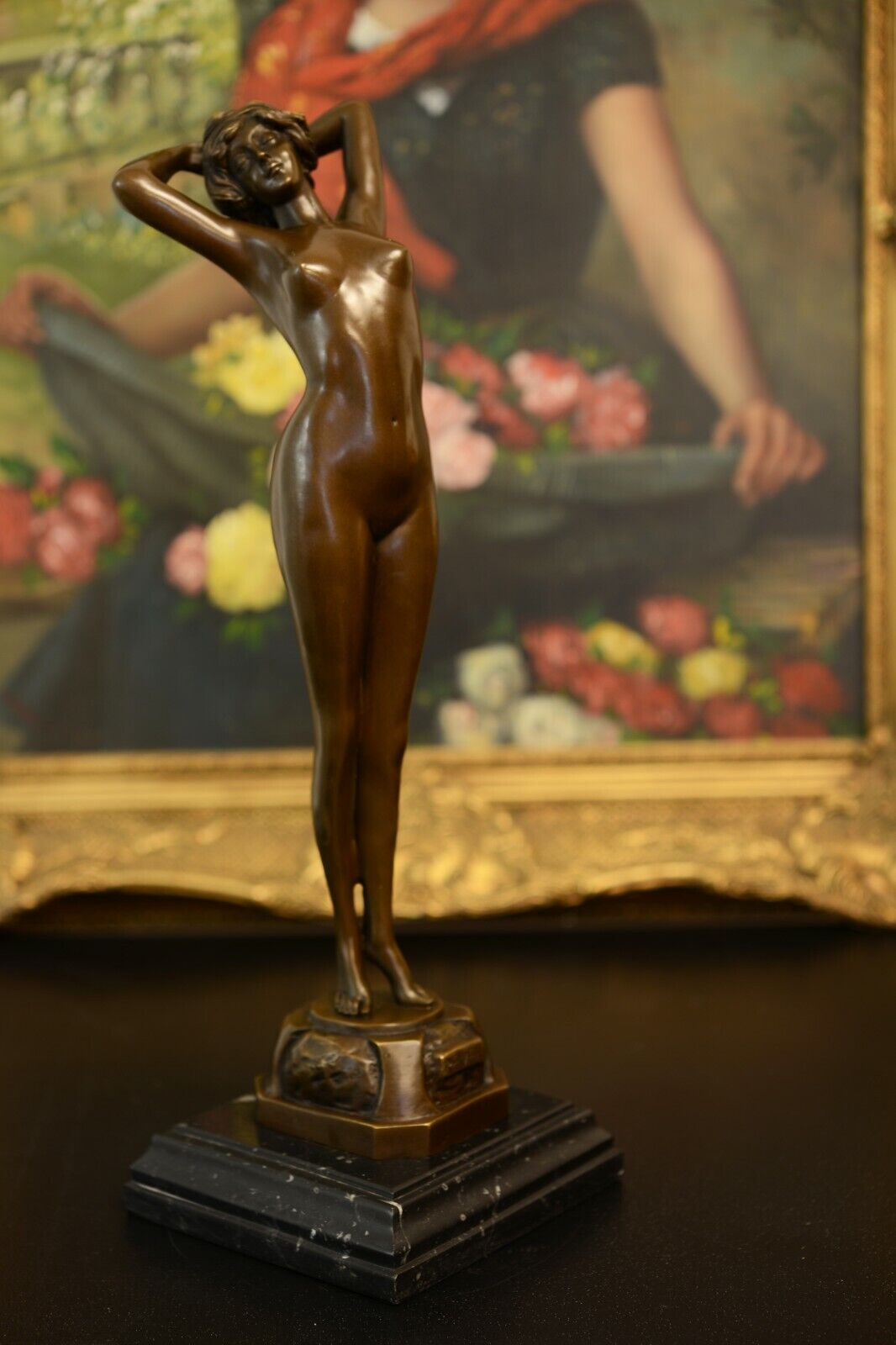16.5" H Bronze Art Deco Girl Statue Reveil , Signed: Philips
