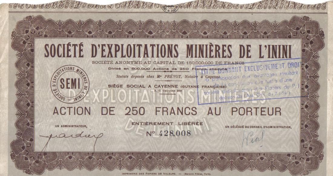 French Guiana France Bond Tourmaline Gold Mines Minieres Inini Co 250 Fr Coupons