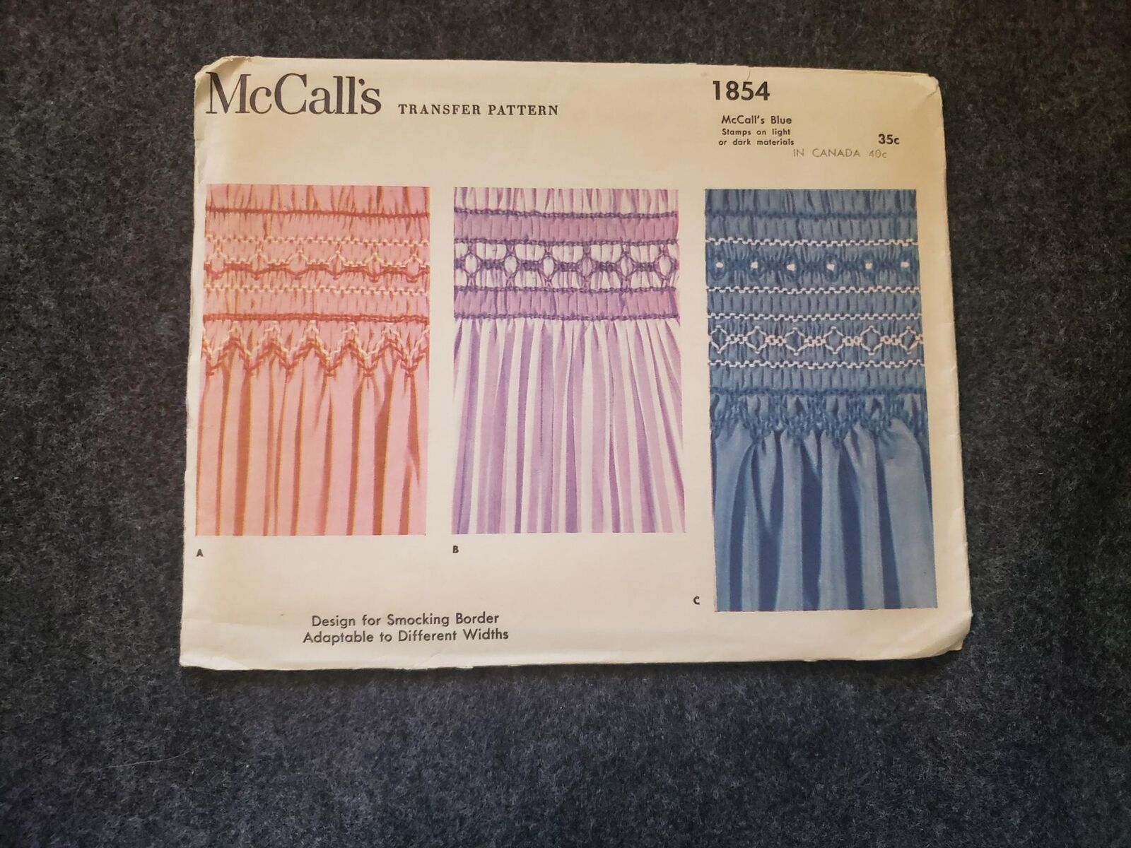 Vtg 1854 Mccall's Sewing Transfer Pattern Blue For Smocking Unused Ff