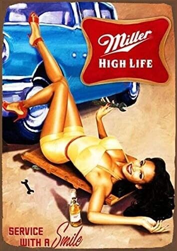 Miller High Life Lady Mechanic Service Bar Pub Man Cave Metal Sign 8 X 12 Inches