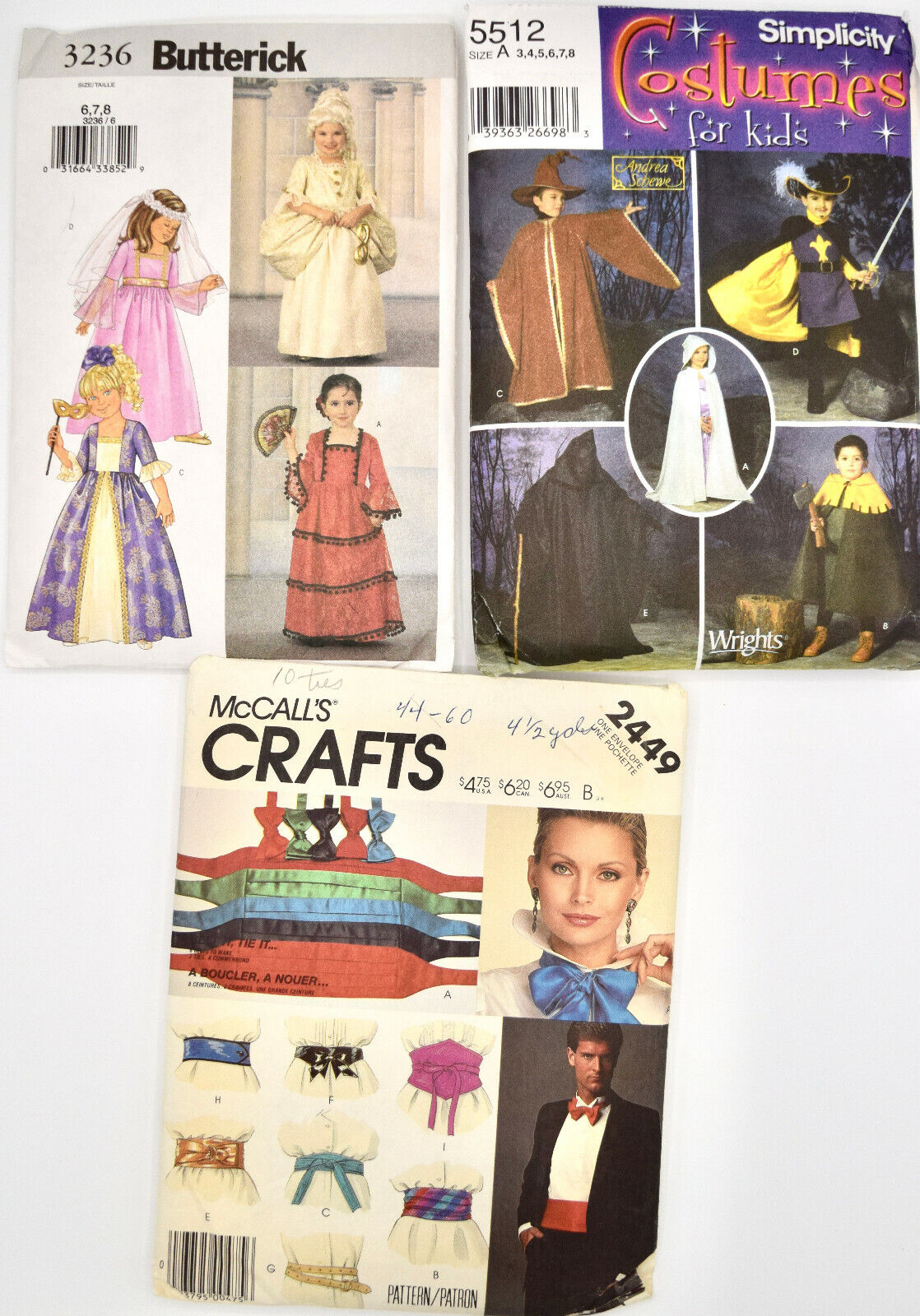 3 Sewing Patterns Lot Simplicity Mccall's Kids Costume Princess Girl Boy
