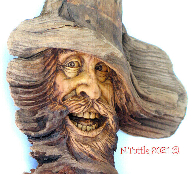Original Wood Spirit Carving Western Cowboy Rustic Organic Fantasy Nancy Tuttle
