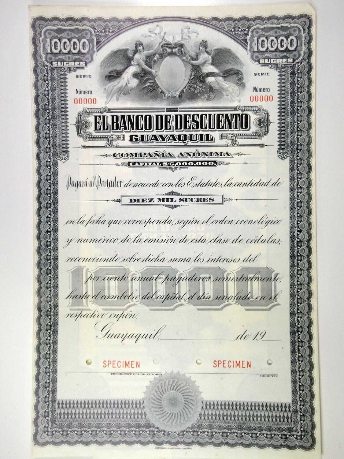 Ecuador. Banco De Descuento, 1920-30s 1,000 Sucres Specimen Cert, Xf Abnc