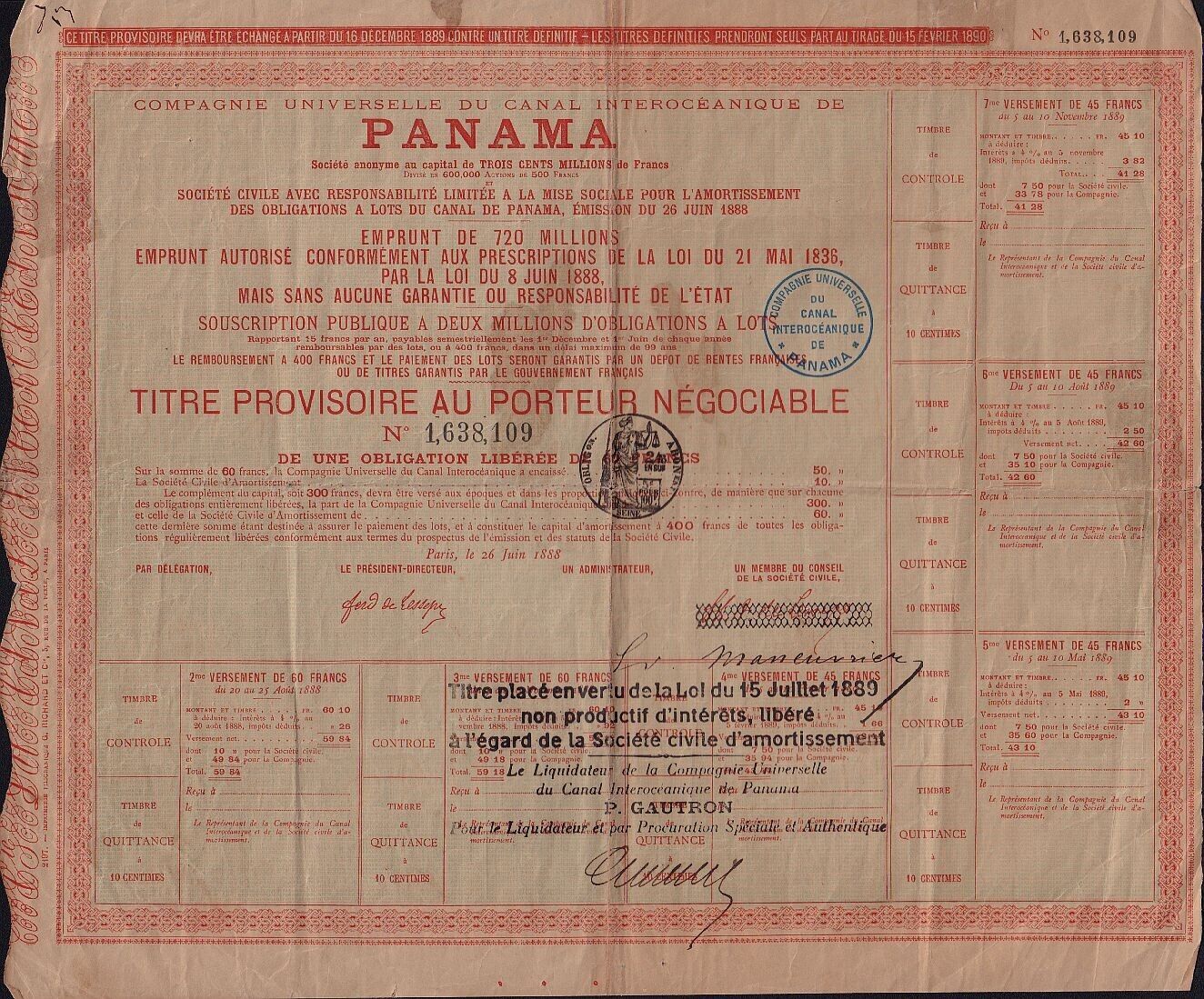 Comp Universelle Canal Interoceanique De Panama 1888 Sign. Ferd. De Lesseps