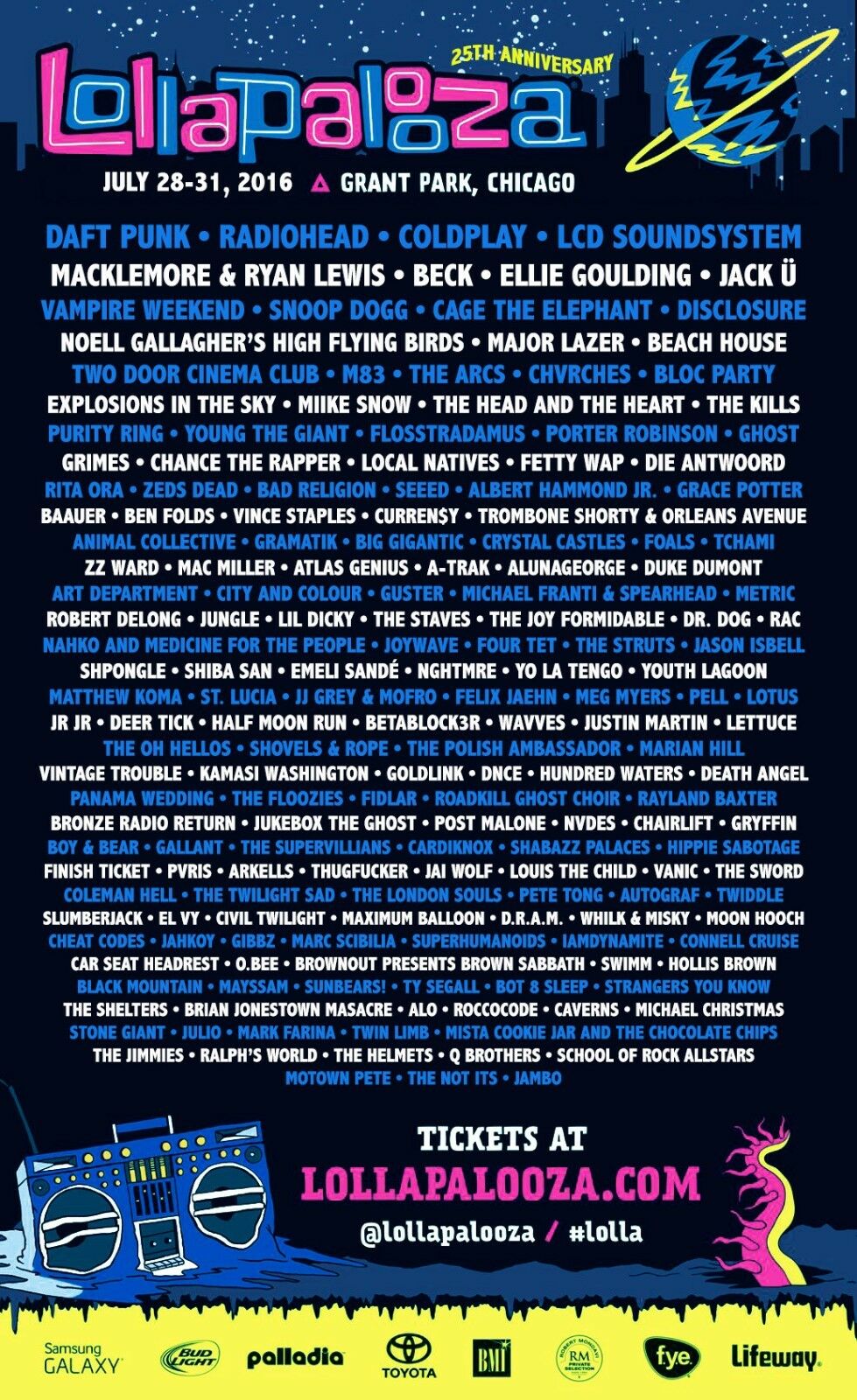 Lollapalooza Chicago 2016 Concert Poster-daft Punk,radiohead,coldplay,snoop Dogg