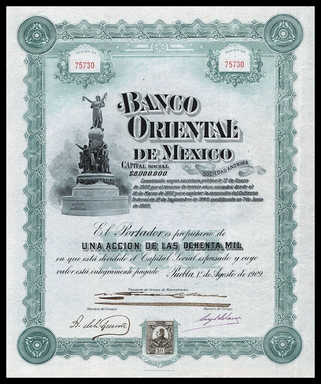 1909 Puebla, Mexico: Banco Oriental De Mexico - Mexican Bank