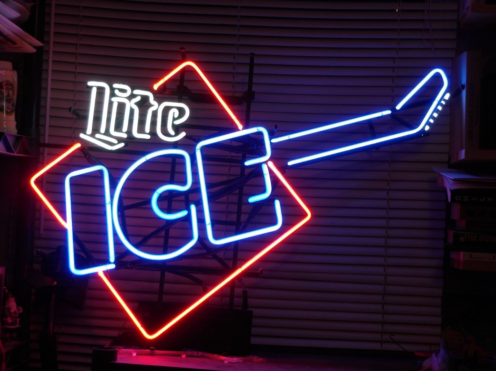 Rare Original Miller Lite Ice Guitar Beer Neon Sign  Comes With Stand & Metal Tr