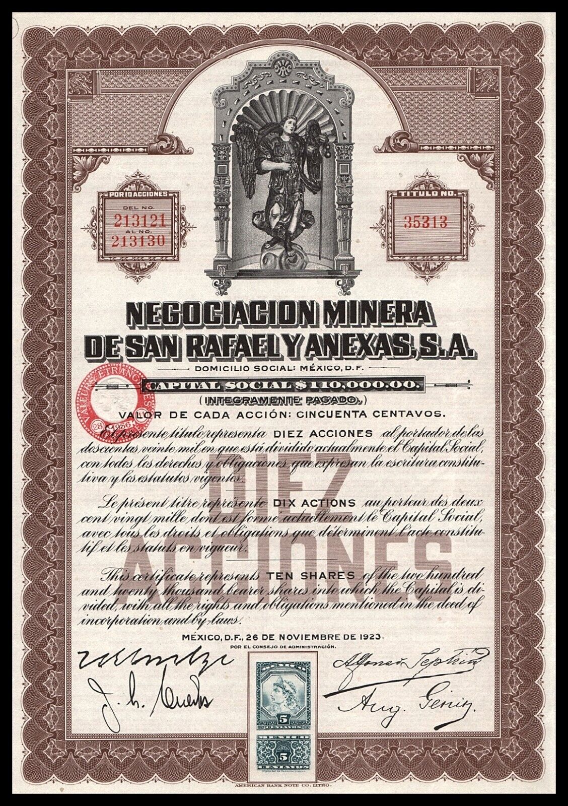 1923 Mexico: Negociacion Minera De San Rafael Y Anexas