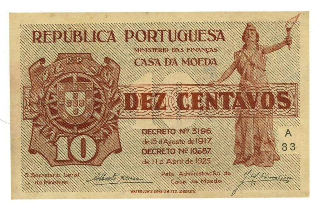 Portugal ... P-101 ... 10 Centavos ... D.1917-1925 ... (~):*xf-au*.. Block "a33"