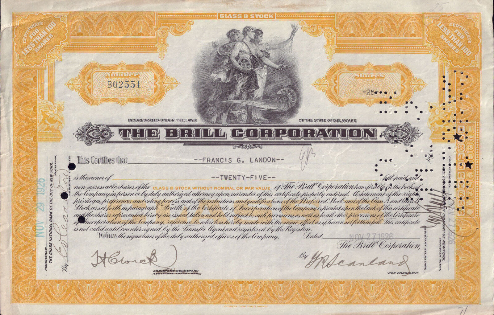 Usa 1926 The Brill Corporation 25 Shares Printed American Bank Note Company Deco