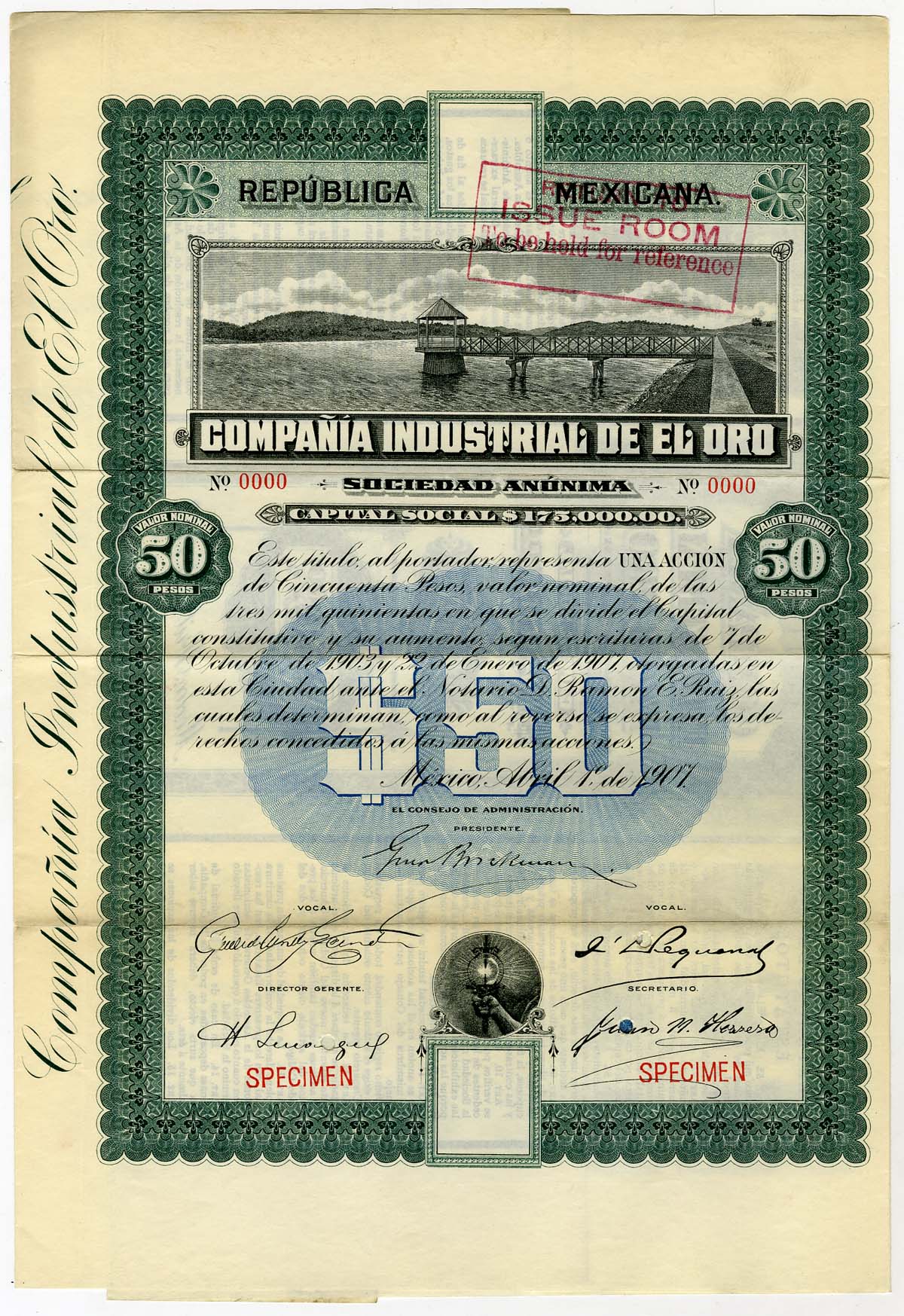 Compania Industrial De El Oro (industrial Gold Co) 1907 Specimen Share Cert