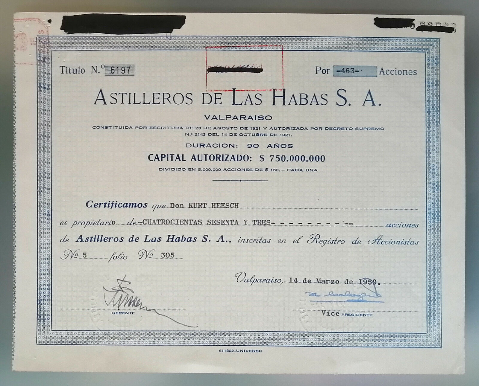 Chile Share Astilleros De Las Habas Valparaiso 1959, Shipyards, Shipping Steam