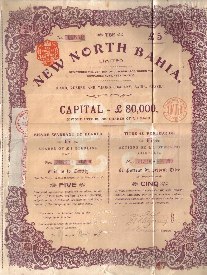 Brazil Bond 1906 New North Bahia Land Rubber Mining 5 Shares £5 Uncancelled Coup