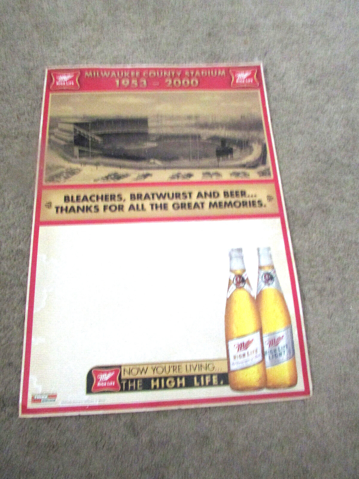 Milwaukee County Stadium 1953-2000 Miller High Life Cardboard Display Nos- Rare