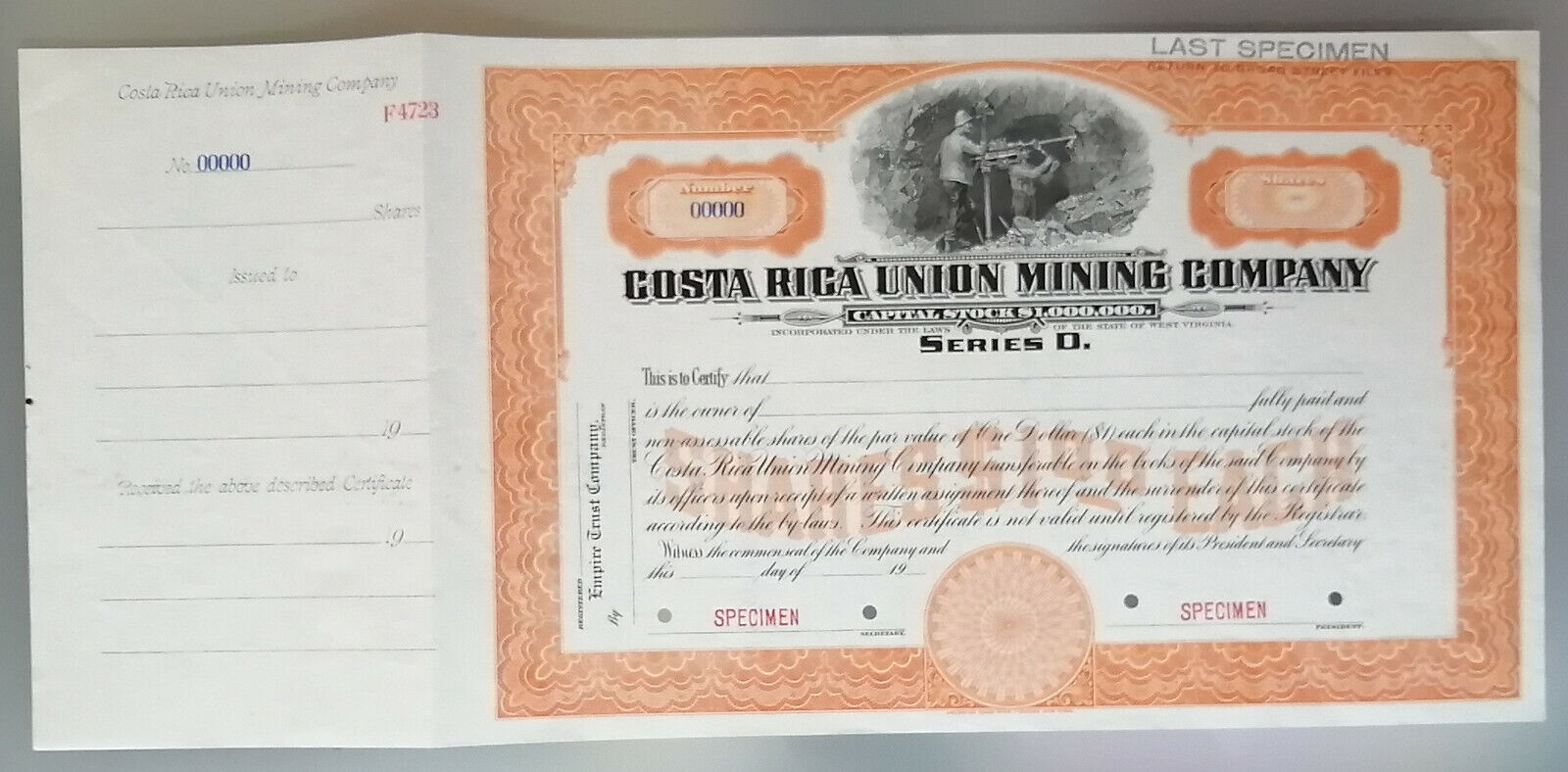 Costa Rica Union Mining Company Specimen Share 1$, Abnc 19xx