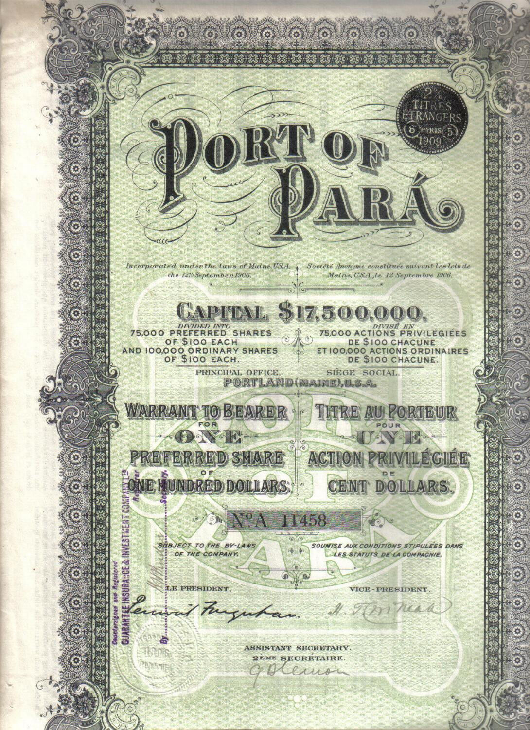 Brazil Bond 1906 Port Para $100 1 Share Uncancelled Deco Coupons Waterlow & Sons