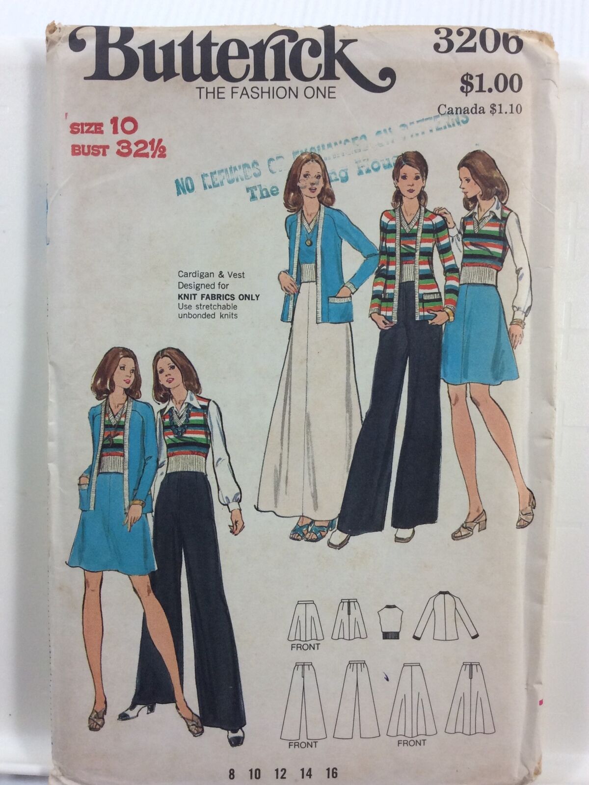 1970s Butterick 3206  Vtg Sewing Pattern Women Cardigan Vest Skirt Pants Size 10