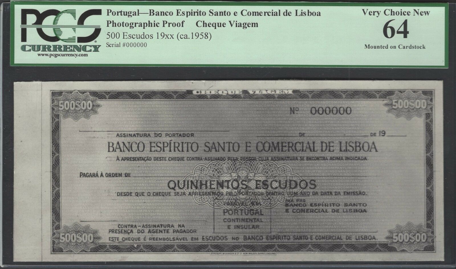 Portugal- Espirito Santo E Comercial Lisboa 500 Escudos 1958  Photograph Proof