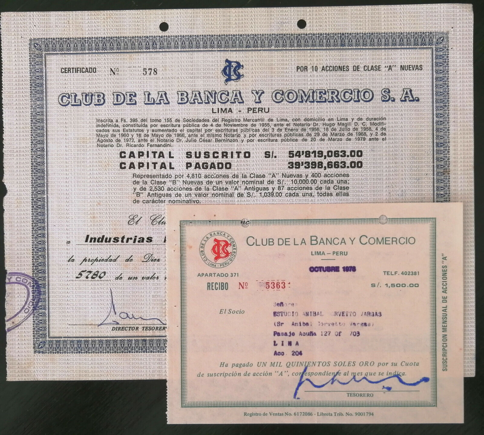 Peru Club De La Banca Y Comercio 10 Shares B 1980, Association Banking Commerce