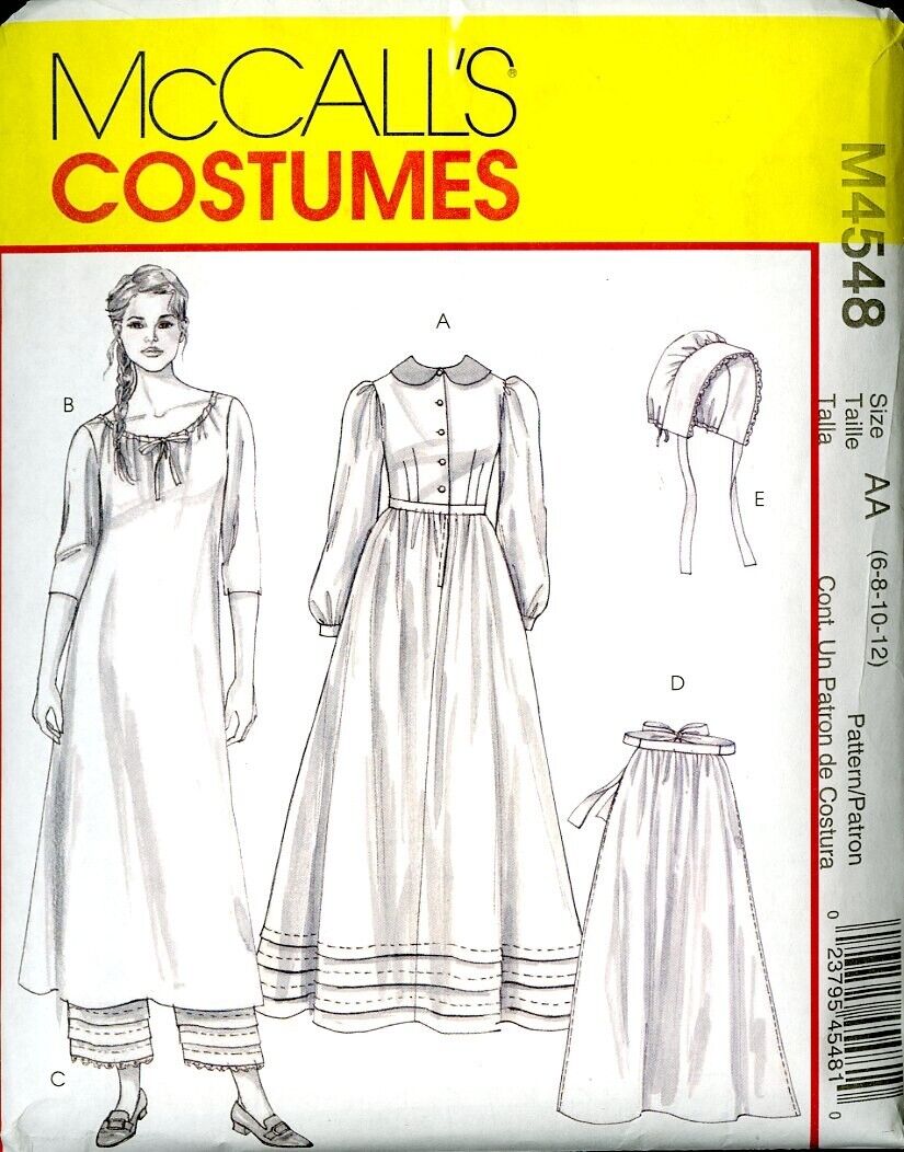 Mccall's 4548 Early American Costume Dress Chemise Pantaloon Apron Size 6-12 Un